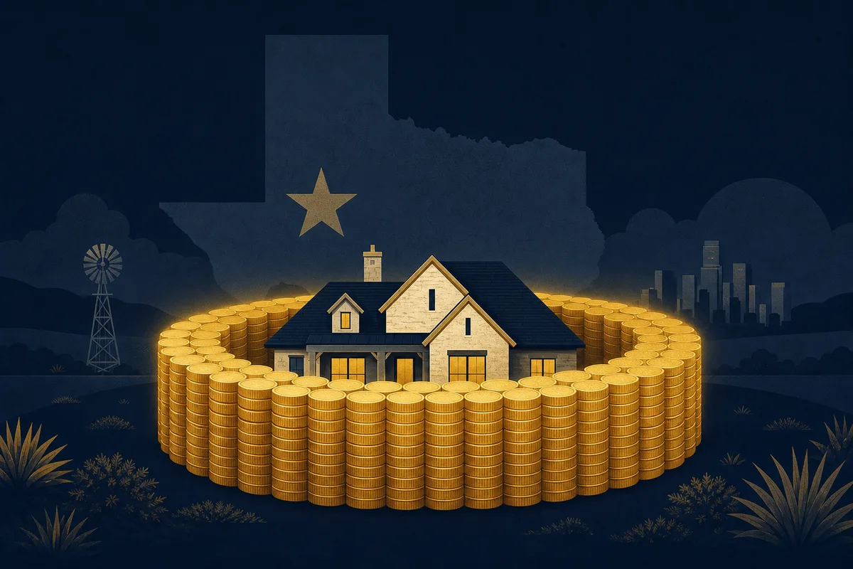 House fully encircled by a ring of coins, illustrating 100 percent financing