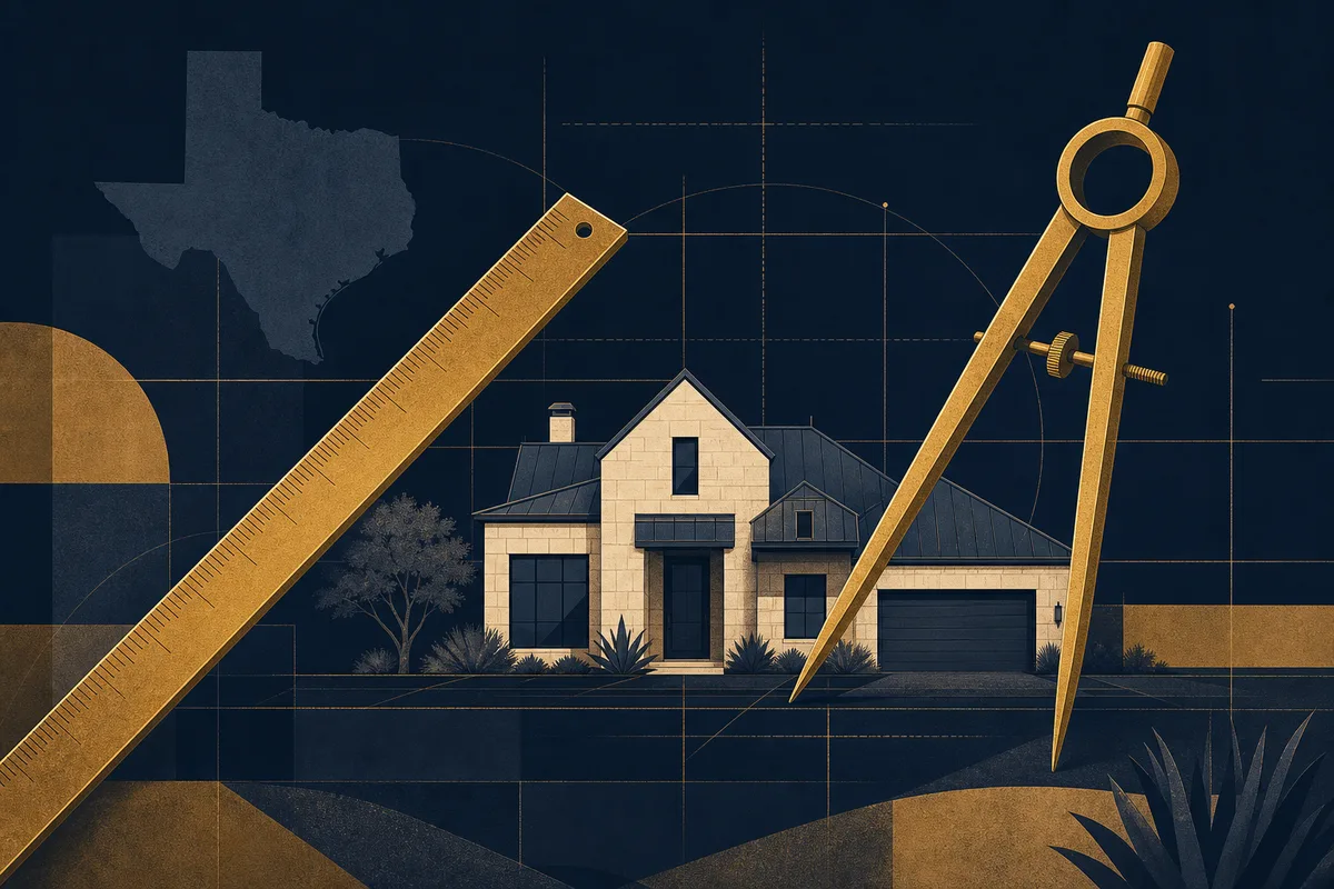House measured by a gold ruler and drafting compass, illustrating the 70 percent rule
