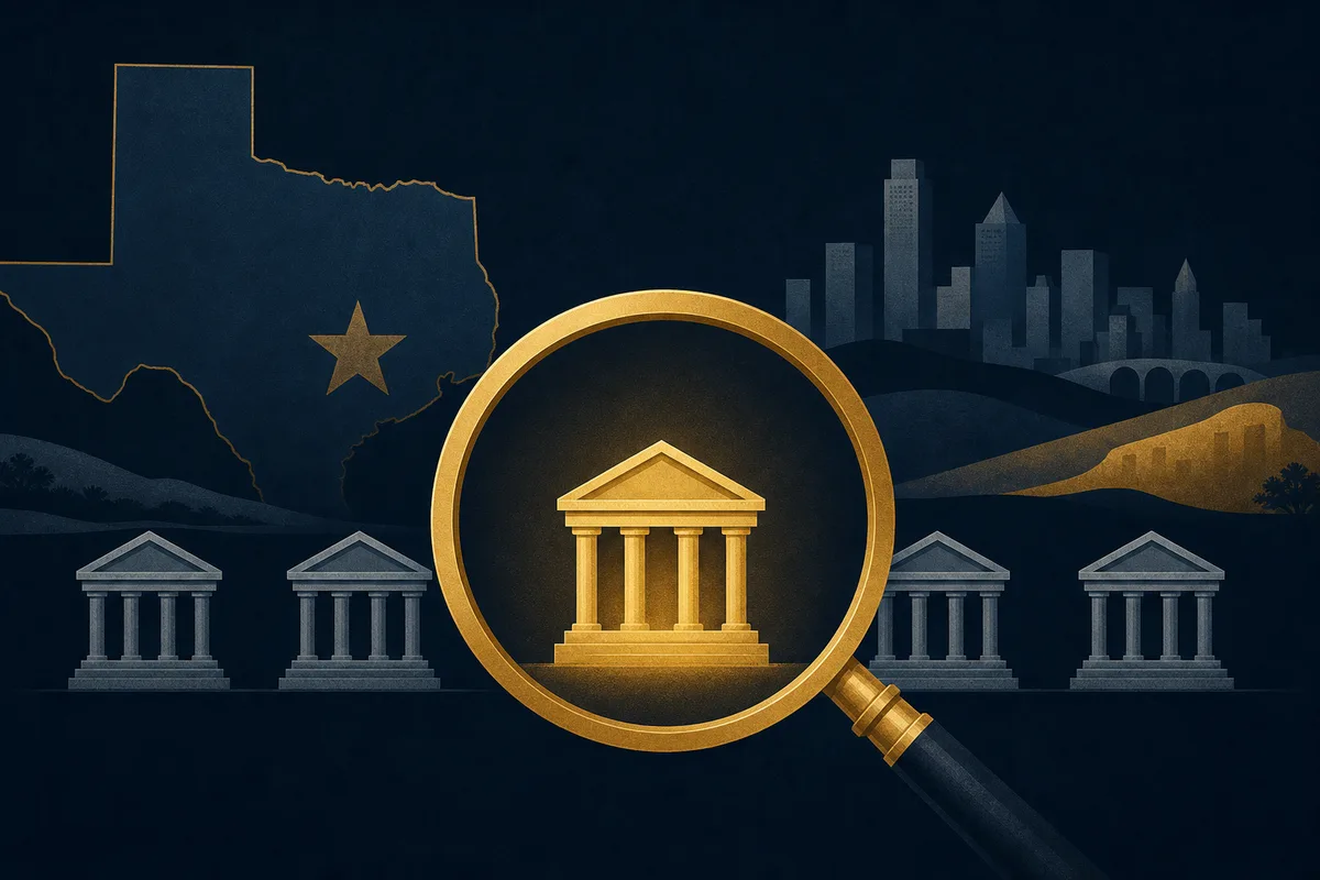 Magnifying glass comparing a row of lender buildings, illustrating how to choose the best hard money lender