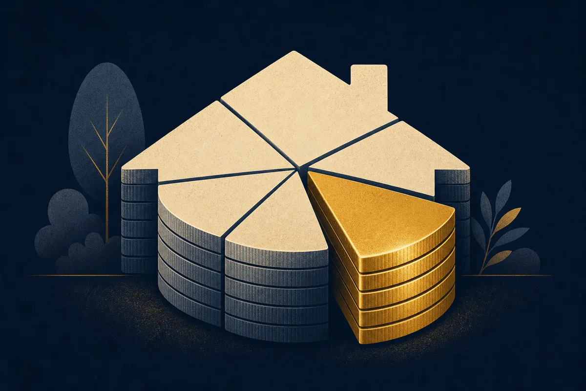 House shape divided into slices with a gold down payment wedge of coins, illustrating DSCR loan down payments