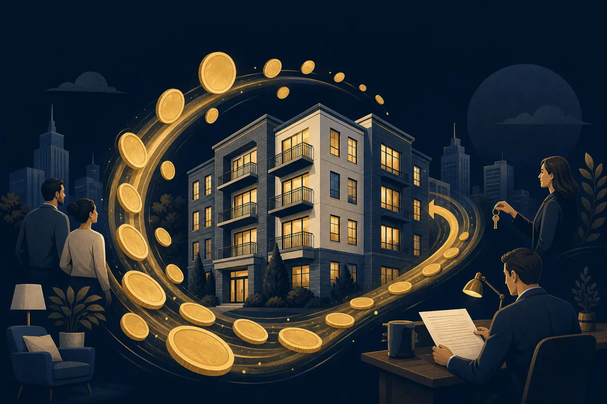 Apartment building with a circulating wave of gold coins, illustrating rental income qualifying a DSCR loan
