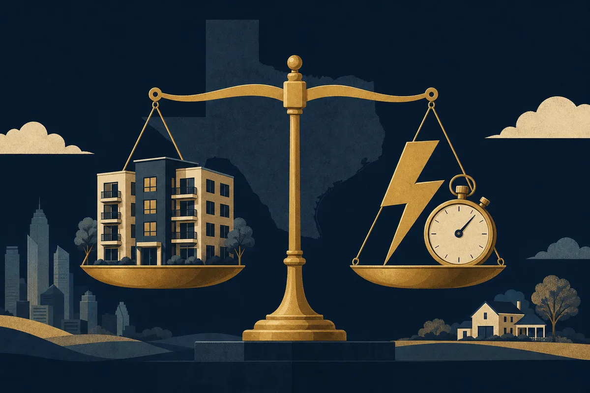 Balance scale weighing a rental building against a stopwatch and lightning bolt, illustrating DSCR versus hard money loans