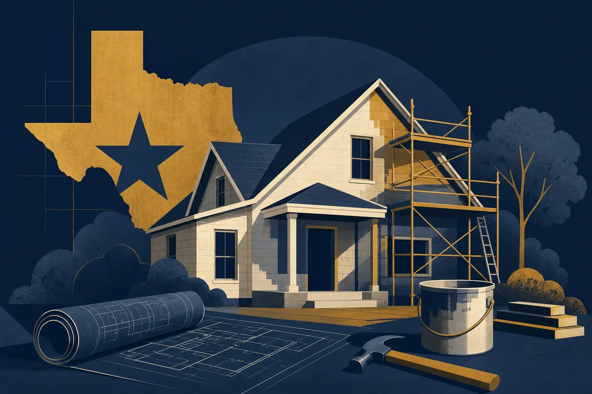 House under renovation with scaffolding, blueprints, and tools, illustrating rehab cost estimating
