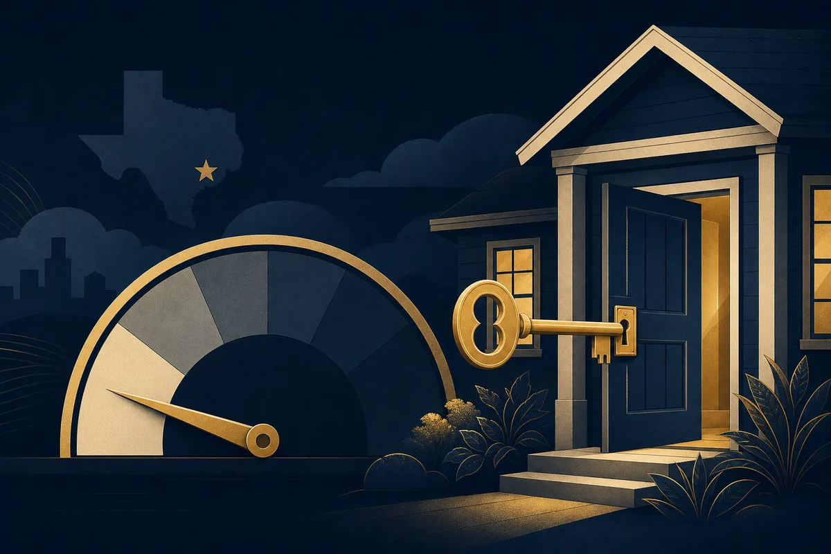 Low credit gauge beside a gold key opening a door, illustrating hard money loans with bad credit