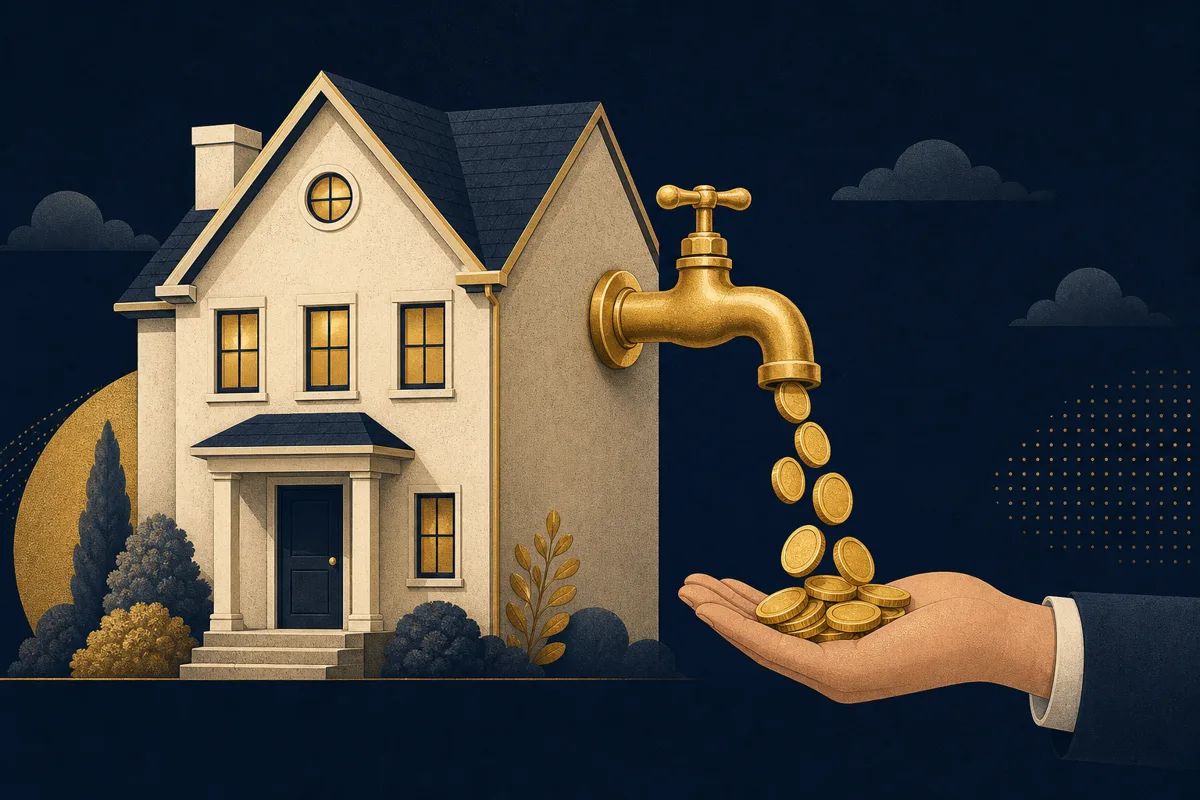 House with a gold faucet pouring coins into an open hand, illustrating a hard money cash out refinance