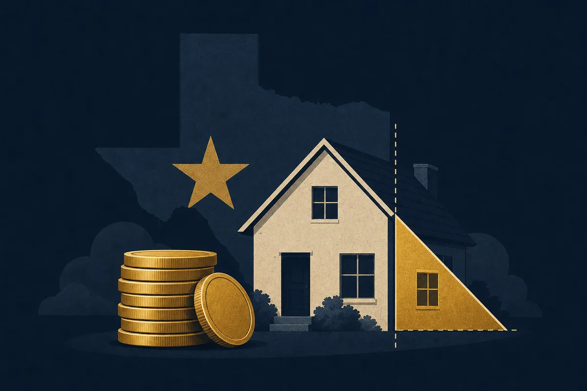 Stack of gold coins next to a house with a highlighted portion, illustrating a down payment