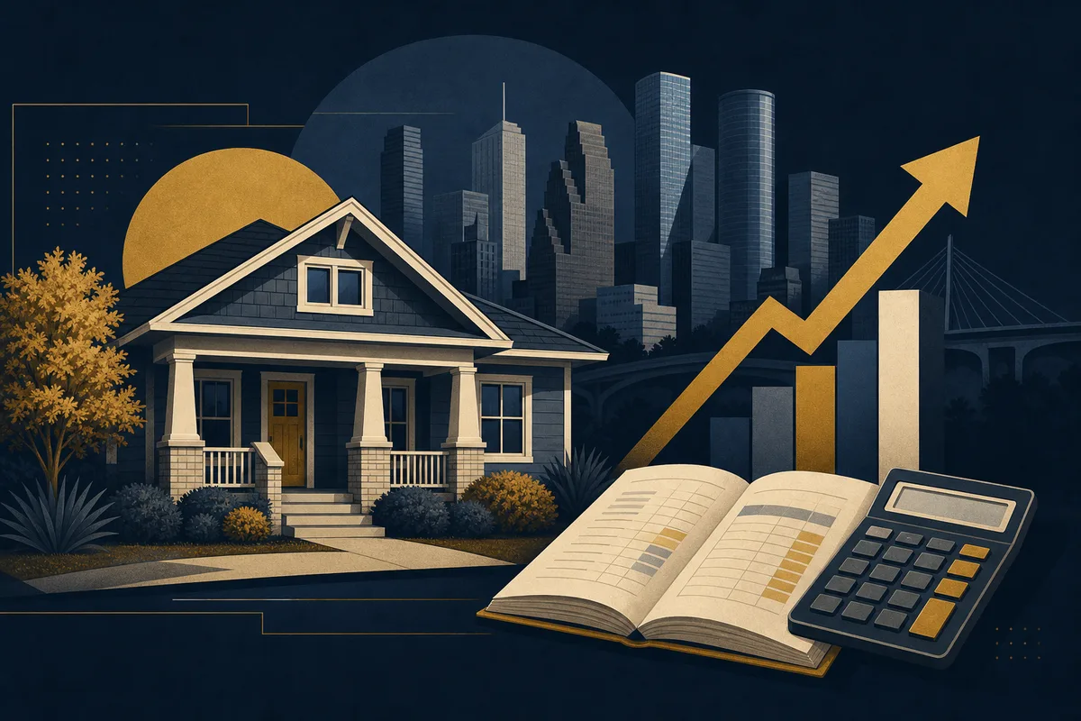 Houston bungalow with a ledger, calculator, and rising profit arrow, illustrating a worked loan example
