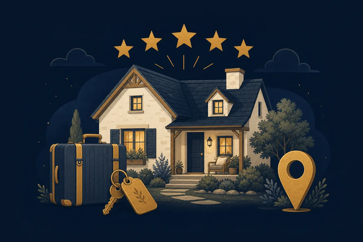 Cottage with a suitcase, key tag and gold stars, illustrating hard money loans for Airbnb properties