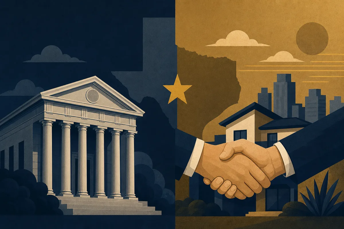 Bank building contrasted with a handshake, illustrating hard money versus private money