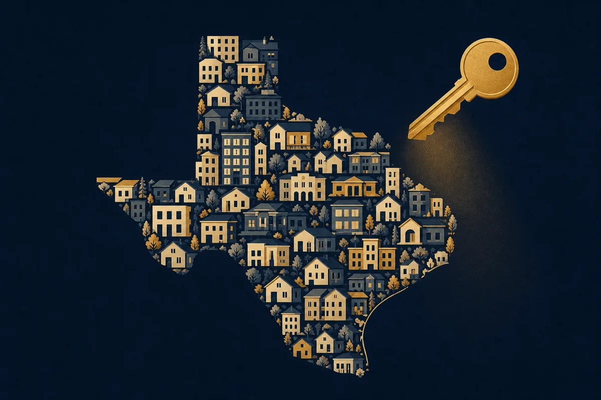 Texas state outline made of houses with a gold key above it, illustrating investment property loans in Texas