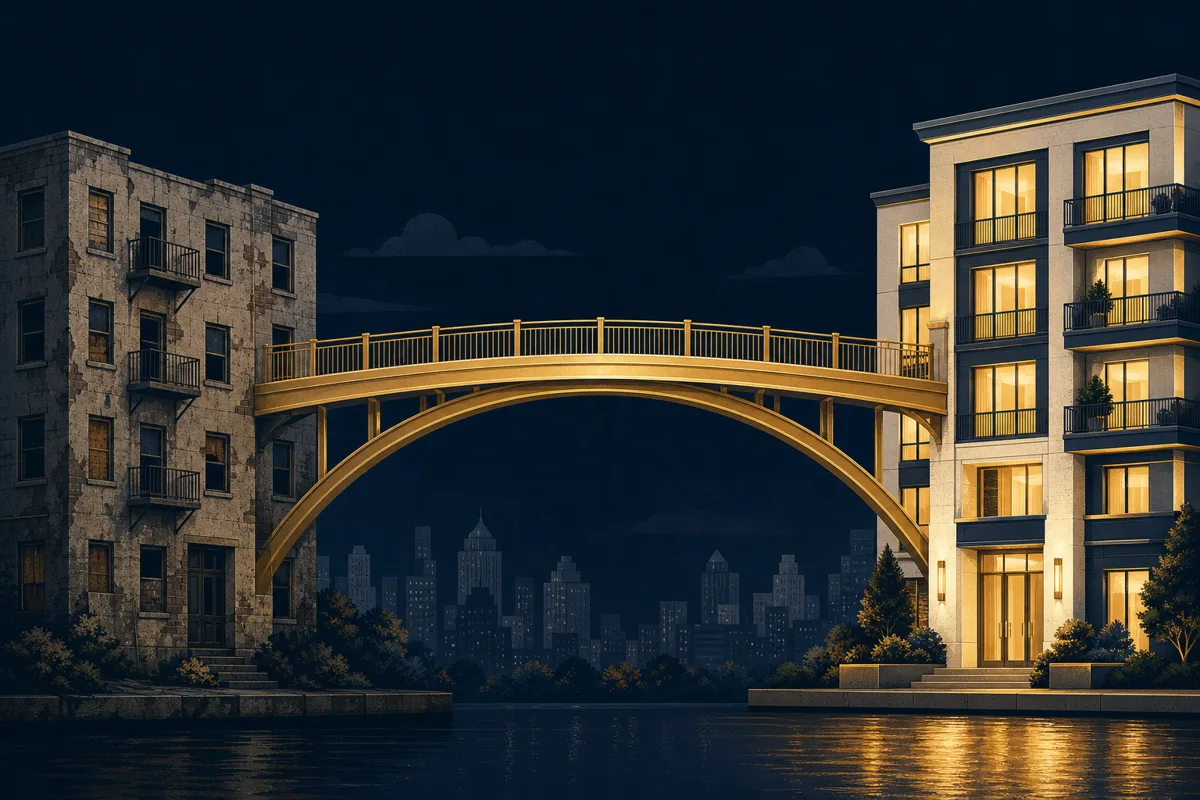 Gold bridge connecting a worn apartment building to a renovated one, illustrating a multifamily bridge loan
