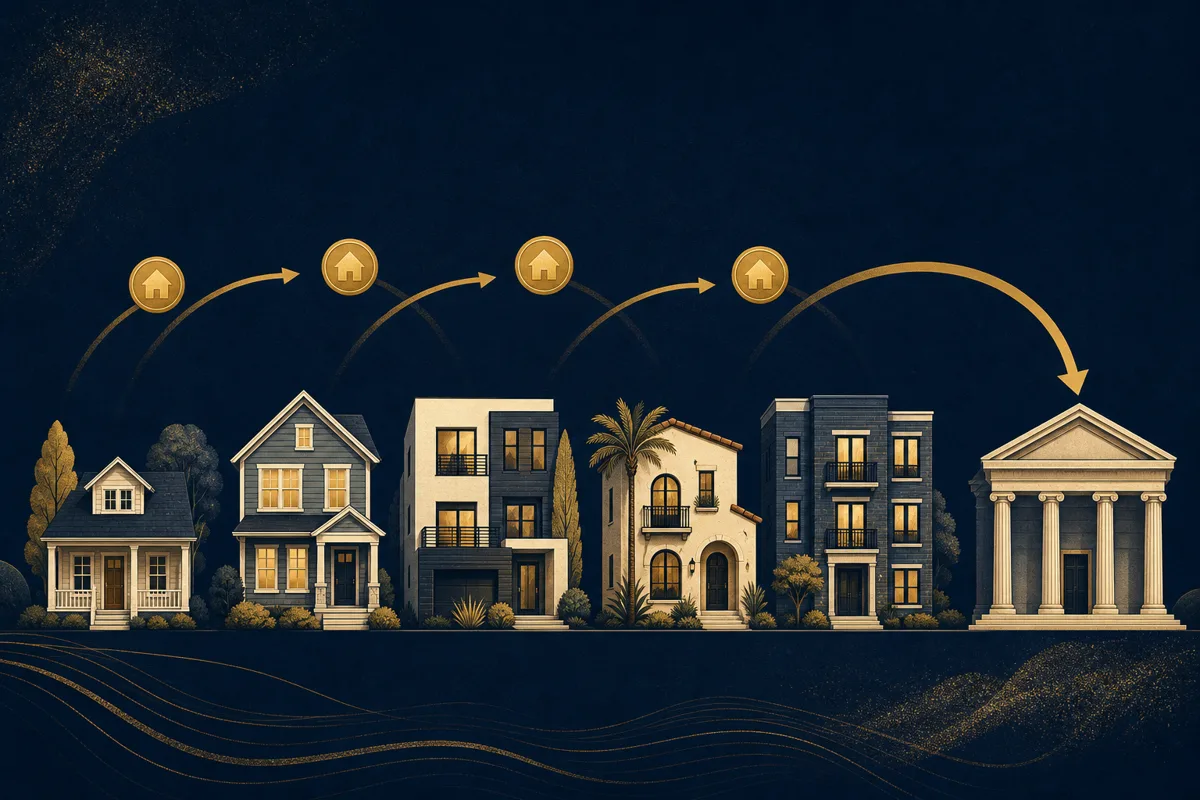 Row of rental homes with rent arrows cycling toward a bank building, illustrating rental property loan options in Texas